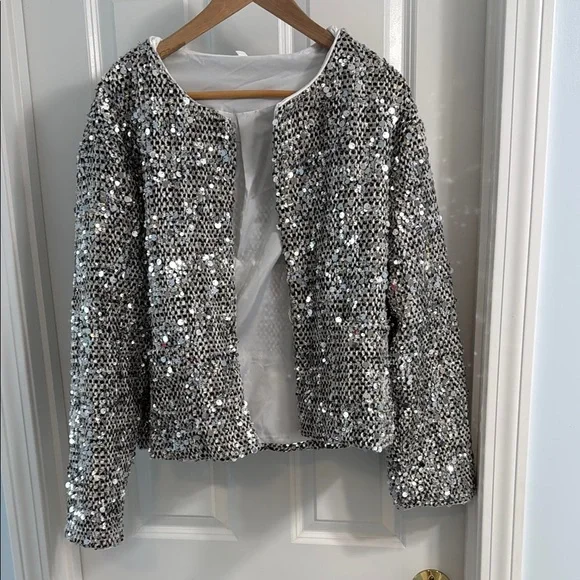 Sequin Embellished Jacket - Silver - Size Large (10-14) - Picture 1 of 13